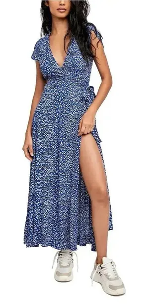 FREE PEOPLE Gorgeous Jess Wrap Maxi Dress Size Small Blue Black Leopard Print thumbnail 1