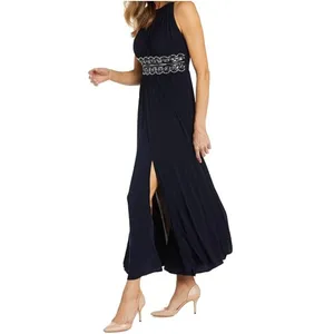 NEW R&M Richards 1289 Maxi Dress Navy Beaded Waist Formal Womens Size 8 thumbnail 4