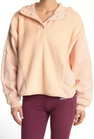 Essentials Golden Logo Sherpa Fleece Hoodie Blush Gold NWT thumbnail 1