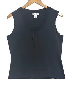 Dressbarn Tank Top Black Knit Scoop Neck Tie Front Career Minimalist Layering L thumbnail 1