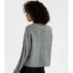 American Eagle Women's Size XS Pointelle Crew Neck Sweater Gray Open Knit‎ thumbnail 2