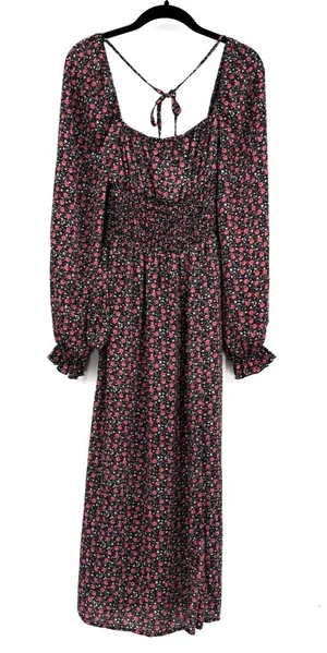 Code Mode Floral Smocked Long Sleeve Midi Dress Black Red Boho Cottagecore Sz M thumbnail 1