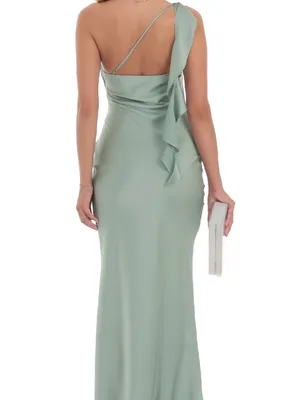 Lucy in the Sky Satin One Shoulder Tassel Maxi Dress in Sage Green thumbnail 3