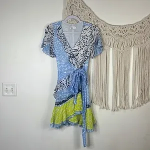 Tanya Taylor Silk Mini Dress Asymmetrical Short Sleeve Sz 0 bianka belted print thumbnail 2