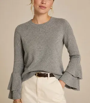 J.Crew Small Sweater Gray Tiered Bell Sleeve Crew Neck Heathered Knit Pullover thumbnail 1