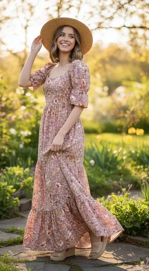 Inmod Pink Floral Puff Sleeve Open Tie Back Maxi Dress Small Romantic Feminine thumbnail 1