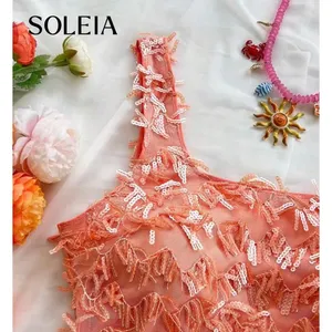 SHEIN Peach Sequin Fringe Mesh Mini Dress Square‎ Neck Bodycon M thumbnail 3