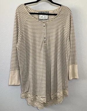 Cream Striped Top‎ 1X Oversized Lagenlook Earthy Neutral Waffle Knit Autumn Fall thumbnail 1