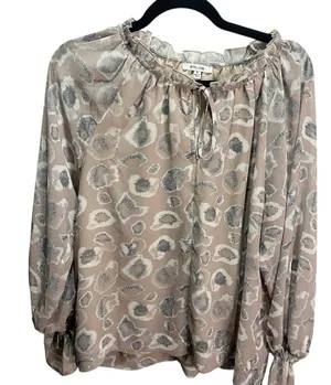 BTFL-life Blouse Womens Small Beige‎ Animal Print Ruffle Keyhole Boho Career thumbnail 1