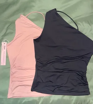 Qinsen 2 Pack One‎ Shoulder Ruched Tank Tops Pink Grey XS NWT thumbnail 1