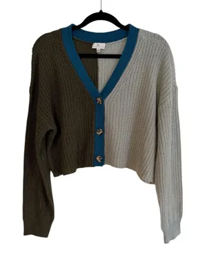 True Craft Cardigan Multicolor Green Blue L Women Colorblock Cropped Knit V-Neck thumbnail 1
