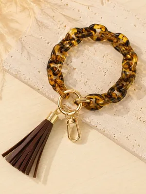 Tortoise Shell Acrylic Key Ring Bracelet Wristlet Tassel Brown Gold NWT thumbnail 1