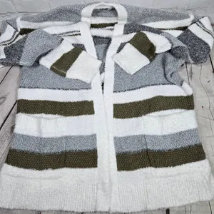 Pink Clover Stitch Fix Striped Eyelash Knit Open Front Cardigan Gray‎ Olive S thumbnail 8