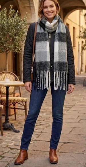 Chunky Soft Knit Black Grey Plaid Fringe Scarf thumbnail 1