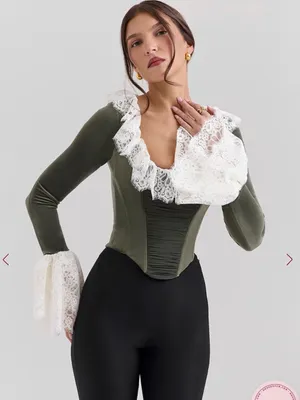HOUSE OF CB JACINDA Forest Green Velvet Lace Trimmed Corset Top thumbnail 3