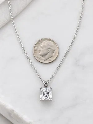 Estate FAS Thai Sterling Silver Princess Cut CZ Solitare Pendant SS Plate Chain thumbnail 4