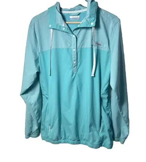 Columbia Womens Blue Green PFG Henley Hooded Windbreaker Fishing Jacket Medium thumbnail 1