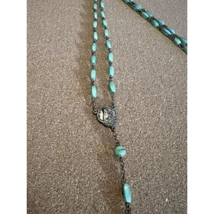 Art Deco Style RosaryAqua Glass Beads Silver-Tone Crucifix Saint Therese 1930’s thumbnail 4