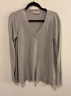LOFT Light Gray V-Neck Sweater thumbnail 1