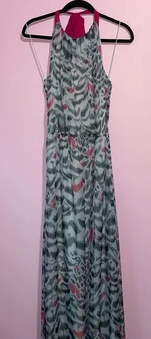 Erin Maxi Dress Women Size 8 Halter Sheer Overlay Abstract Print Preppy Sundress thumbnail 1