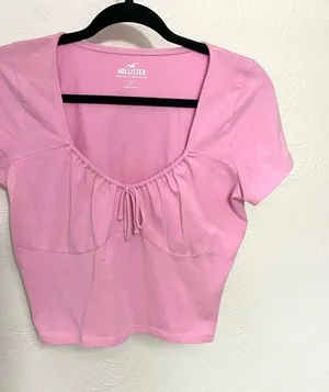 Hollister Light Pink Scoop Neck Cropped Tee with Front Tie thumbnail 1