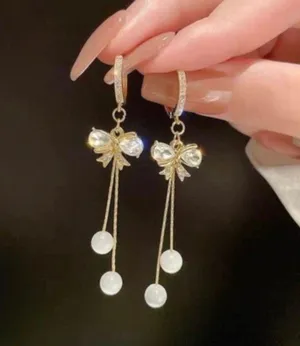 Women's Crystal Bow Tassel Dangle Drop Hoop Earrings Gold thumbnail 1