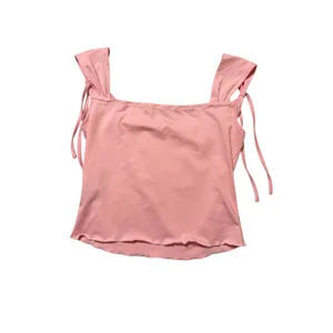 Cider Medium Light Pale Pink Tank Top Tie Strap Lettuce Trim Draped Scoop Neck thumbnail 5