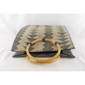Wet Seal Geometric Woven Tote Bag Straw Black Tan Round Handle thumbnail 5