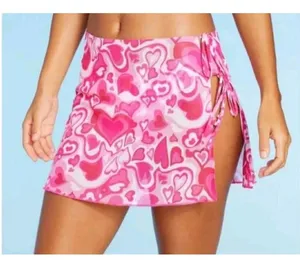 Wild Fable Women's Mesh Side Tie Cover Up Skirt Pink Heart Print thumbnail 1