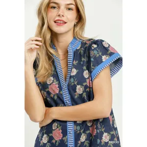 Umgee Floral Contrast Trim Ruffle Hem Mini Dress - Indigo - Small thumbnail 6
