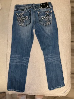 Womens Jeans Sz 29 Y2k vintage Cropped Rhinestone Cross Pocket thumbnail 4