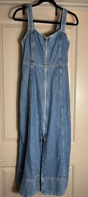 GAP Denim Maxi Dress XXS Front Zip Smocked Back Medium Wash thumbnail 1