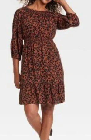 KNOX‎ ROSE Dress Size Large Smocked Elastic Waist Animal Print Rust Large Fall thumbnail 1