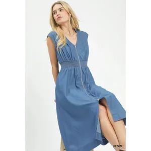 Umgee‎ Denim Sleeveless Zip-Front Smocked Waist Midi Dress - Small thumbnail 6