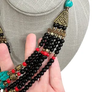 Faux Turquoise & Glass Beaded Multi Strand Layered Statement Bib Necklace thumbnail 5