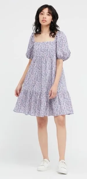 Uniqlo Women Mini Dress XS Ditsy Floral Cottage Tiered Babydoll Purple‎ Wedding thumbnail 1
