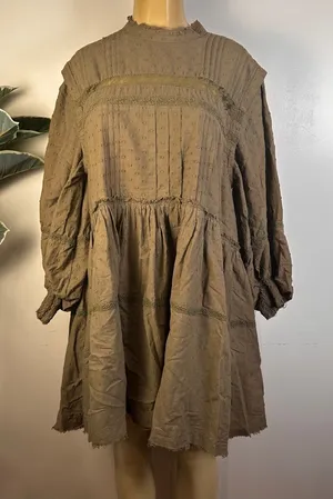 Anthropologie Pilcro Long Sleeve Mock Neck Dress Sz M Lace Loose Brown Swiss Dot thumbnail 1