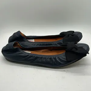 Lanvin Paris Navy Blue Leather Black Bow Ballet Flats Shoes **Size 37.5/US 5.5** thumbnail 3
