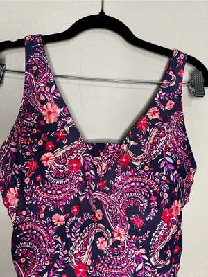 Lands End Purple Floral Paisley Grecian‎ Ruched Slimming One Piece Swimsuit thumbnail 3