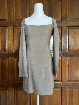 Zara Brown Micro Plaid Square Neck Dress Long Sleeve Mini Size Medium‎ M thumbnail 2