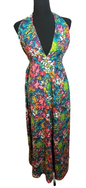 Free People Extratropical Maxi Dress Floral Halter Open Back Multi Color Size M thumbnail 1