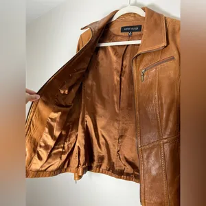 Vintage Anne Klein Longer Line Camel Faux Belted Leather Jacket Sz M thumbnail 6