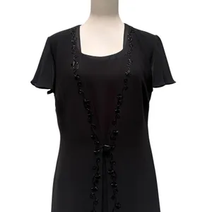 VTG 90s Elegant‎ Mock Jacket Sheath Dress 10 Black Beaded Floral Midi Modest thumbnail 2