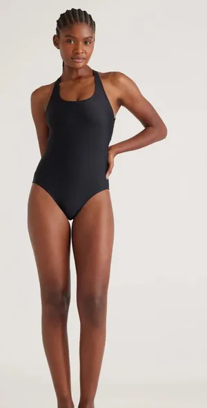NWT Quince Italian Cross-Back One-Piece Swimsuit black extra small thumbnail 1