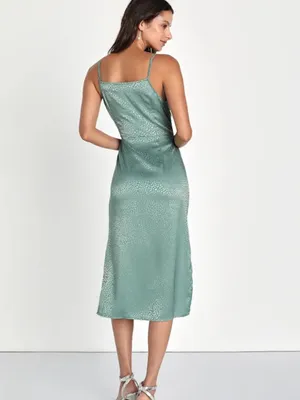 Lulus Total Stunner Sage Green Satin Jacquard Cowl Neck Midi Dress size small thumbnail 12