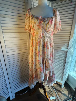 Romantic Ivory High-Low Floral Dress with Pink Roses side zip thumbnail 2