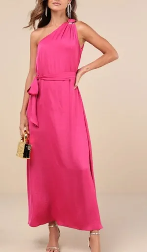 Lulu's Womens Satin One Shoulder Maxi Dress Belted S Pink Wedding Guest Event thumbnail 1