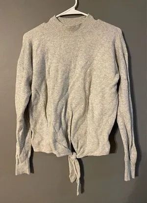 Loft Light Gray Mock Neck Sweater Tie Front Wool Blend Sz XS thumbnail 1