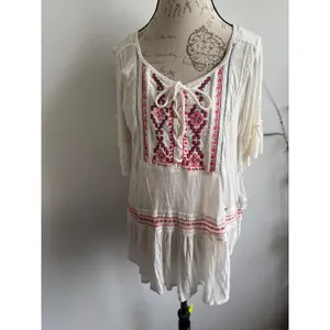 Free People Cream Embroidered Lace‎ Up Tunic Top Bell Sleeve Boho thumbnail 2