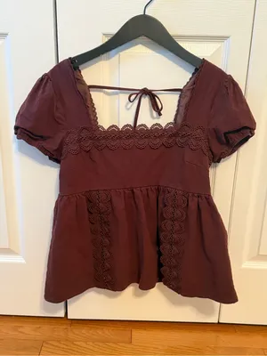 Altar’d State Brown Puff Sleeve Lace Edge Square Neck Babydoll Top thumbnail 2